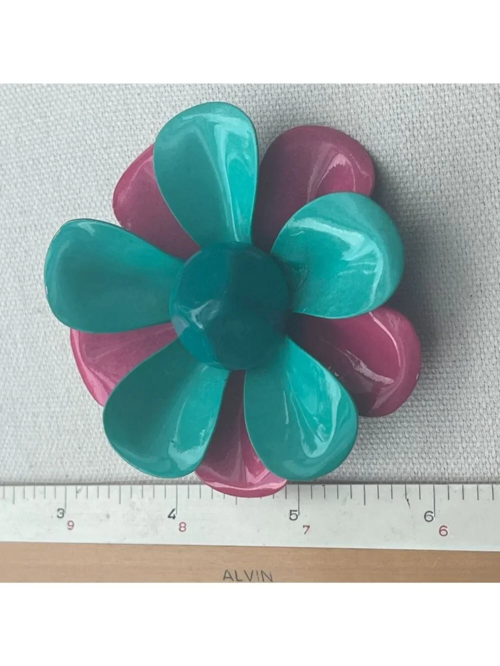 Vtg Flower Power Enamel Brooch Teal & Hot Pink Layered Petals Retro Mod MCM Desi